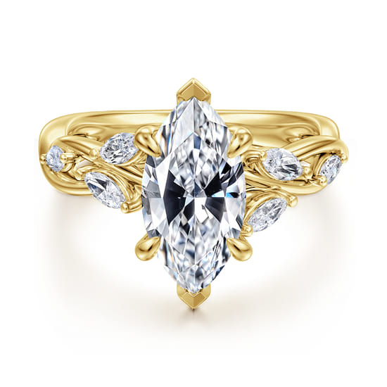 14K Yellow Gold 6 Prong Floral Marquise Shape Diamond Engagement Ring