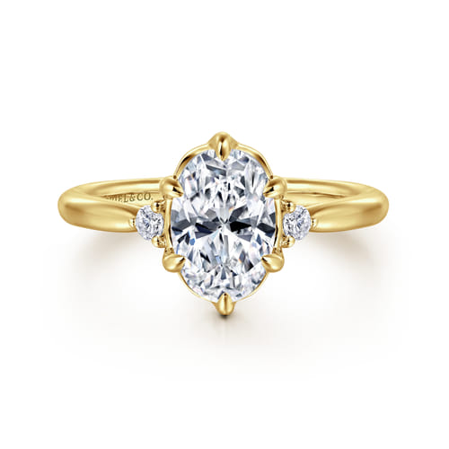 14K Yellow Gold 6 Prong Oval Three Stone Diamond Engagement Ring