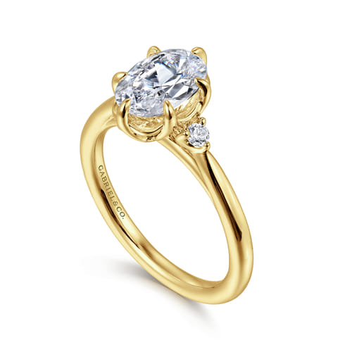 14K Yellow Gold 6 Prong Oval Three Stone Diamond Engagement Ring