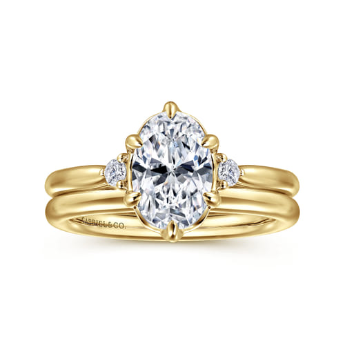 14K Yellow Gold 6 Prong Oval Three Stone Diamond Engagement Ring