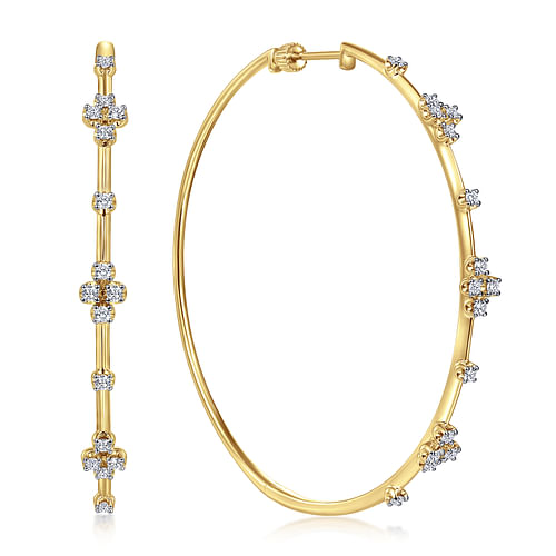 14K Yellow Gold 60mm Round Classic Diamond Hoop Earrings