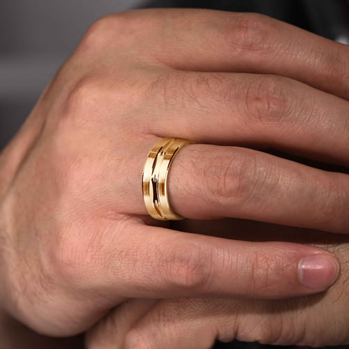 14K Yellow Gold 6mm - Carved Men's Wedding Band in Satin Finish