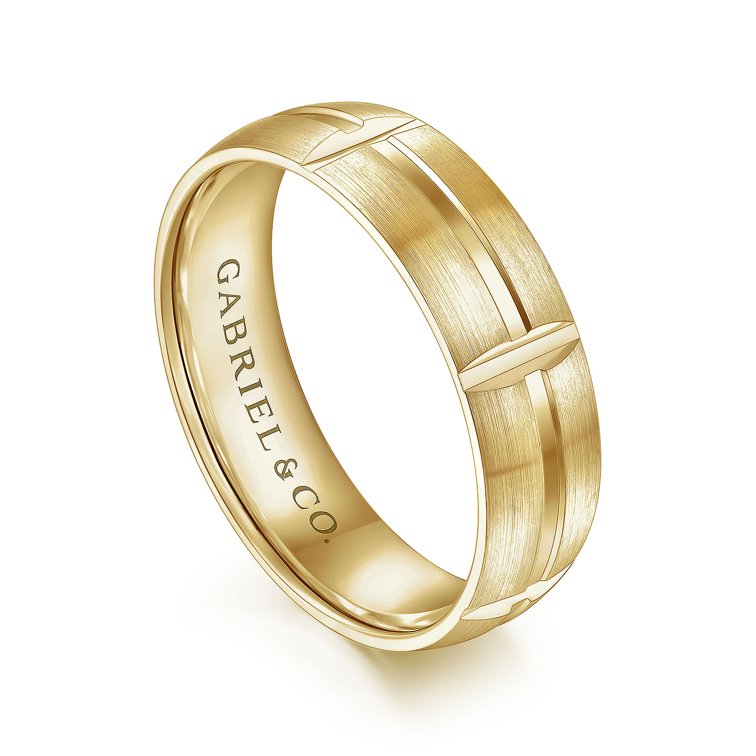 14K Yellow Gold 6mm - Carved Station Men's Wedding Band in Satin Finish