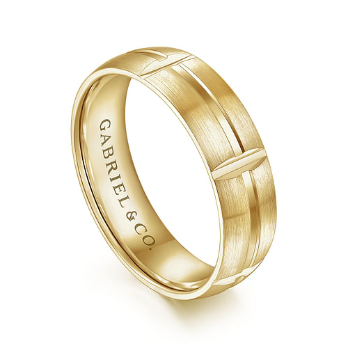 14K Yellow Gold 6mm - Carved Station Men's Wedding Band in Satin Finish