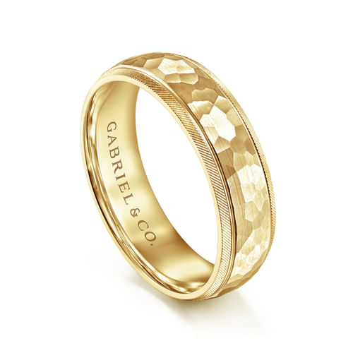 14K Yellow Gold 6mm - Men's Wedding Band in Hammered Finish