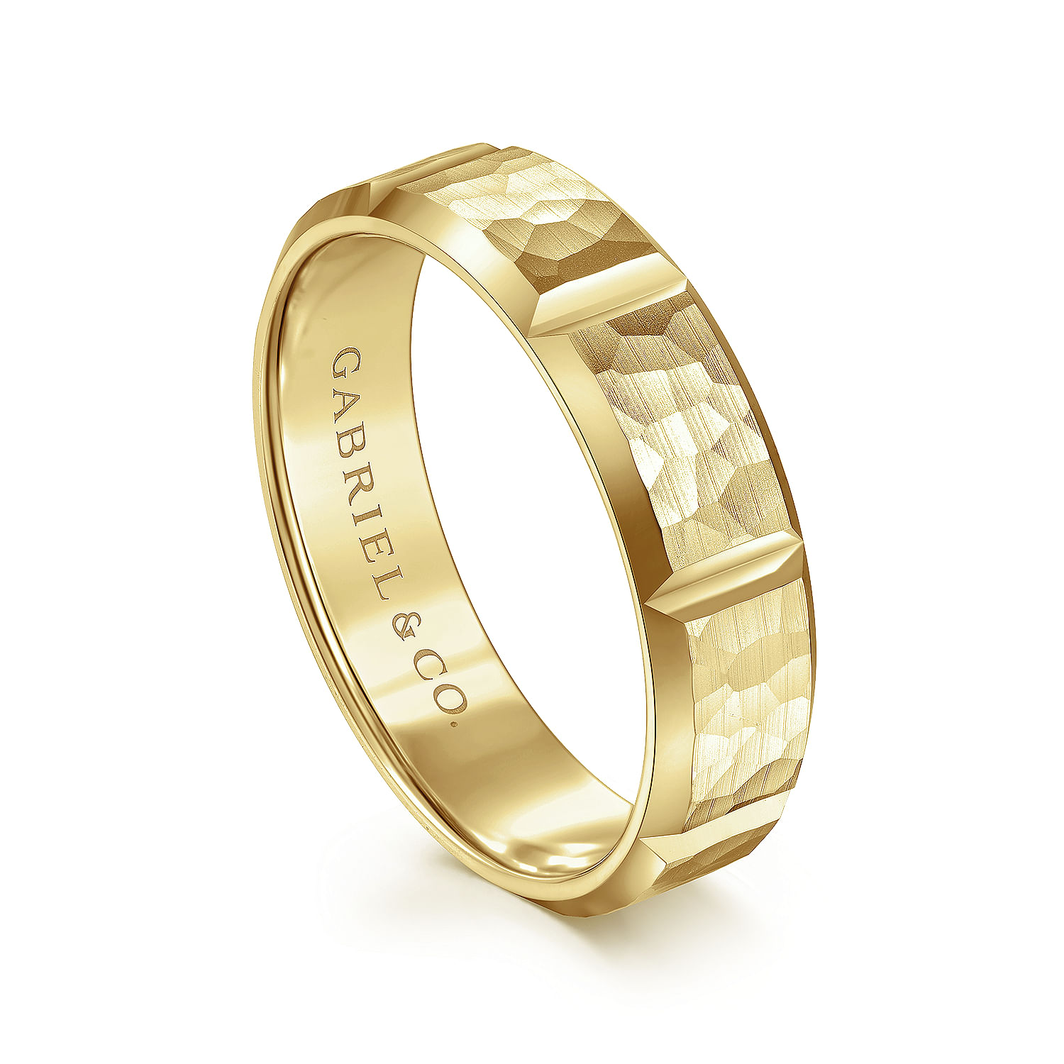 14K Yellow Gold 6mm - Men's Wedding Band with Hammered Stations