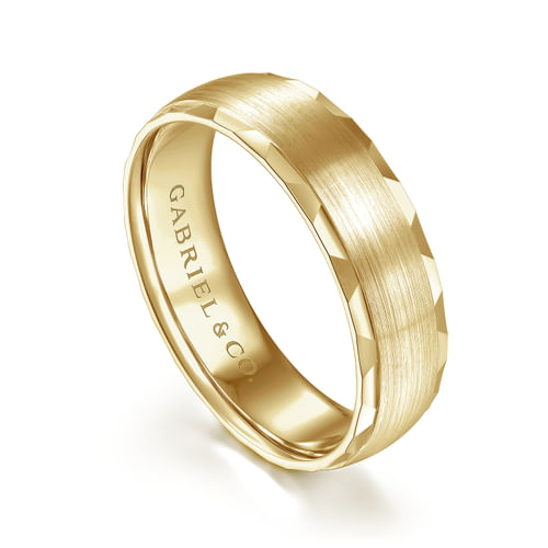 14K Yellow Gold 6mm - Satin Finish Men's Wedding Band with Carved Edge