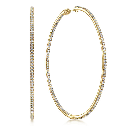 14K Yellow Gold 70mm Classic Diamond Hoop Earrings