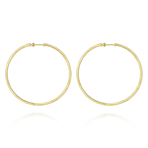 14K Yellow Gold 70mm Classic Diamond Hoop Earrings