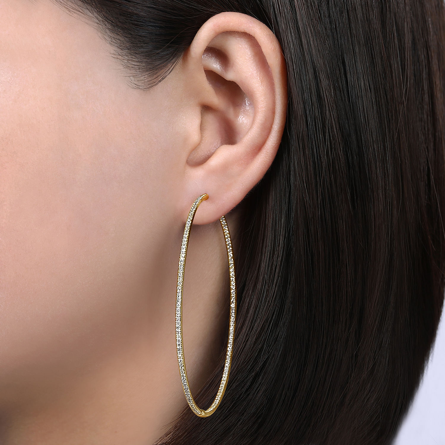 14K Yellow Gold 70mm Round Classic Diamond Hoop Earrings