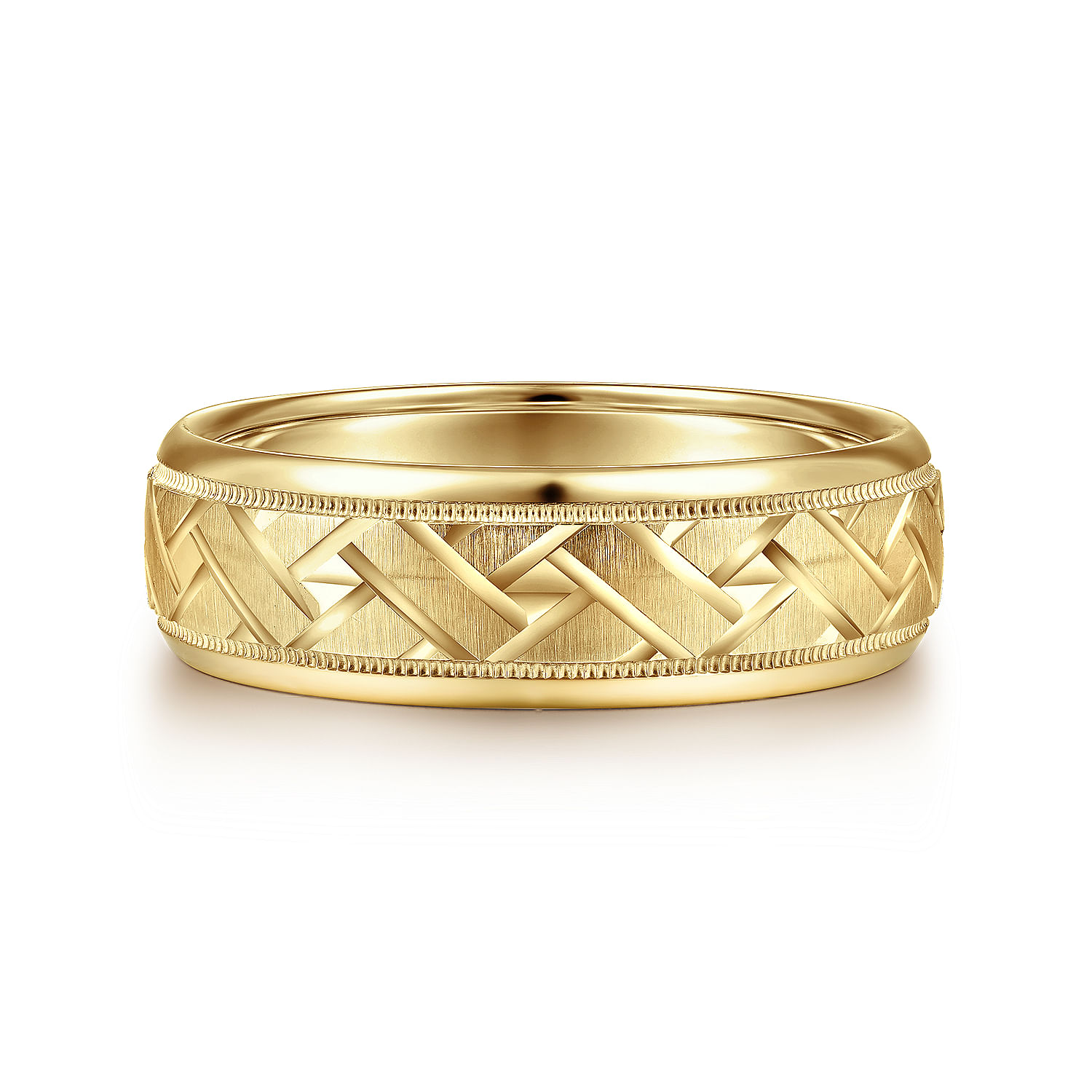 14K Yellow Gold 7mm - Engraved Woven Men's Wedding Band in Satin Finish