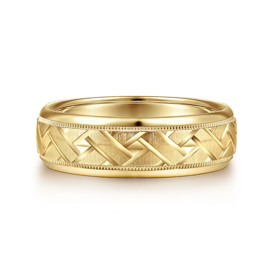 Gabriel - 14K Yellow Gold 7mm - Engraved Woven Men's Wedding Band in Satin Finish