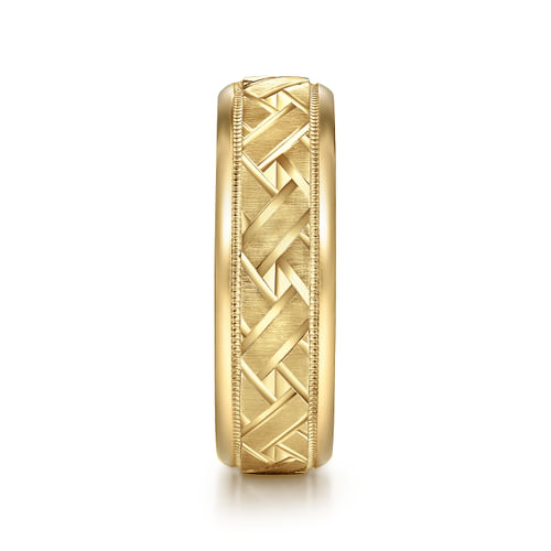 14K Yellow Gold 7mm - Engraved Woven Men's Wedding Band in Satin Finish