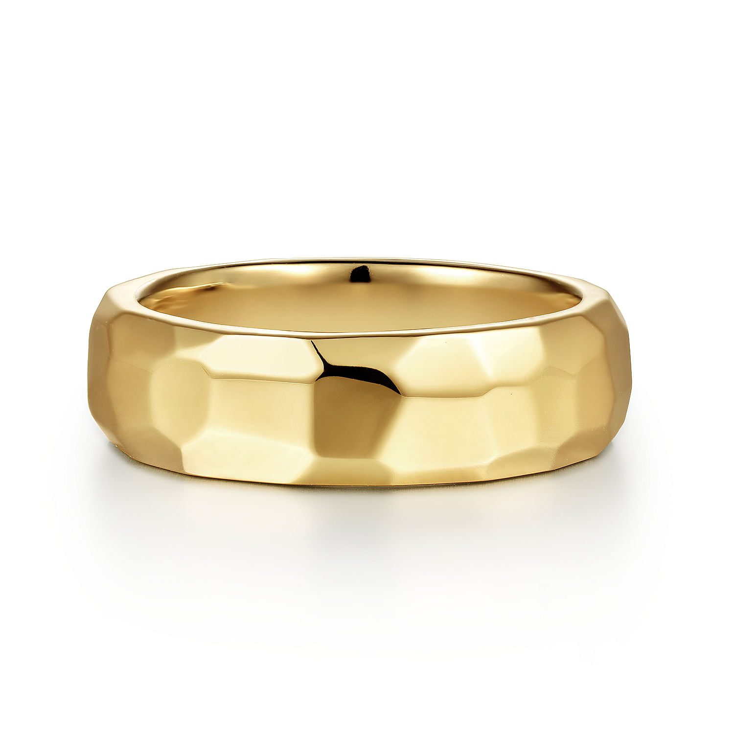 14K Yellow Gold 7mm - Hammered Men's Wedding Band in High Polished Finish