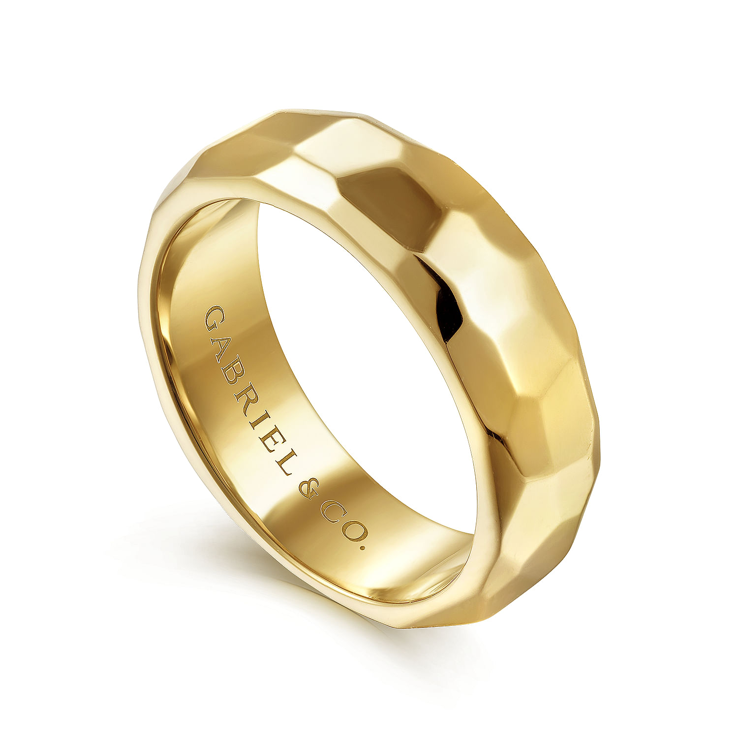 14K Yellow Gold 7mm - Hammered Men's Wedding Band in High Polished Finish