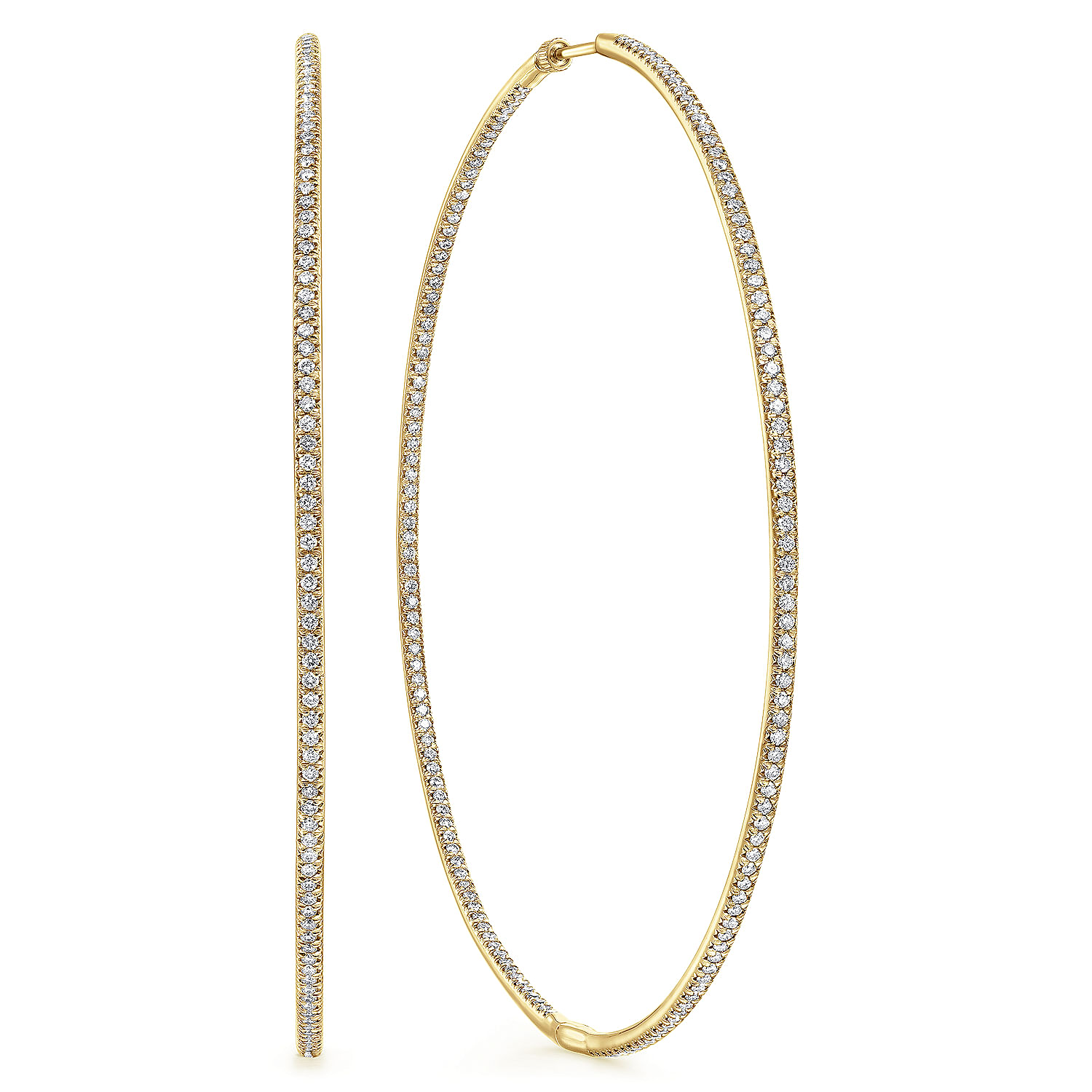 14K Yellow Gold 80mm Round Inside Out Diamond Hoop Earrings
