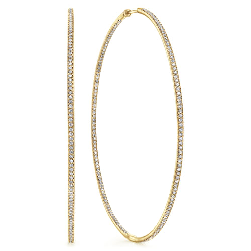 14K Yellow Gold 80mm Round Inside Out Diamond Hoop Earrings