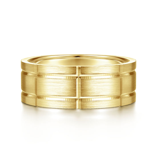 Gabriel - 14K Yellow Gold 8mm - Checkered Pattern Men's Wedding Band in Satin Finish
