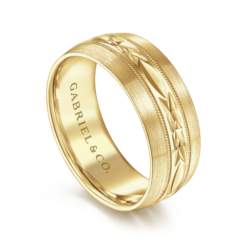 14K Yellow Gold 8mm - Engraved Men's Wedding Band in Satin Finish