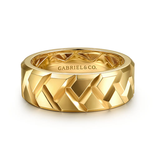 14K Yellow Gold 8mm Herringbone Mens Ring in High Polish