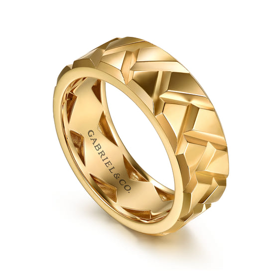 14K Yellow Gold 8mm Herringbone Mens Ring in High Polish angle 3