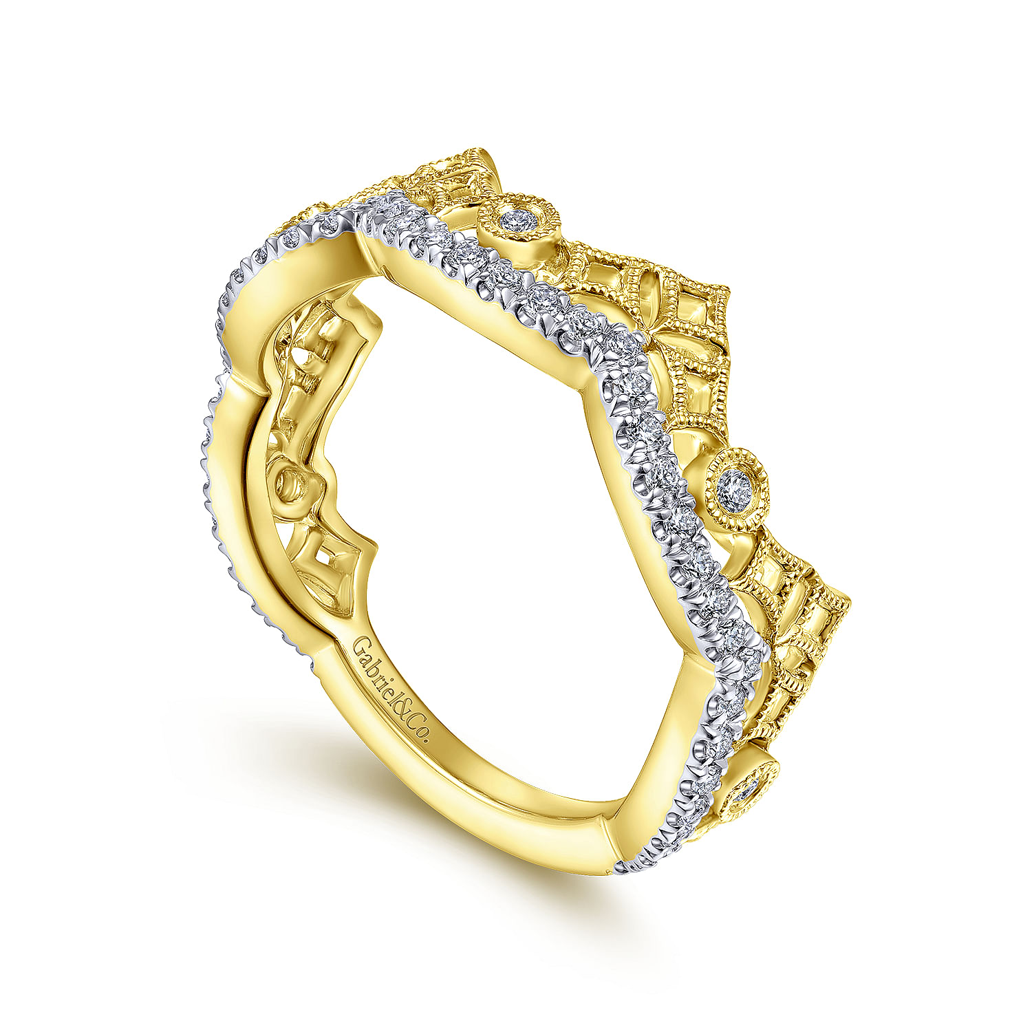 14K Yellow Gold Abstract Geometric Curved Diamond Ring