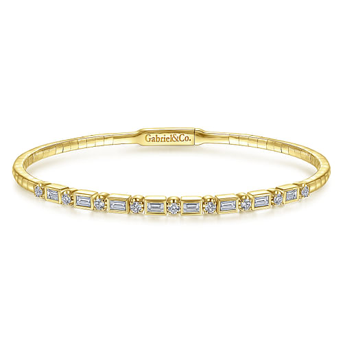 14K Yellow Gold Alternating Baguette and Round Diamond Bangle