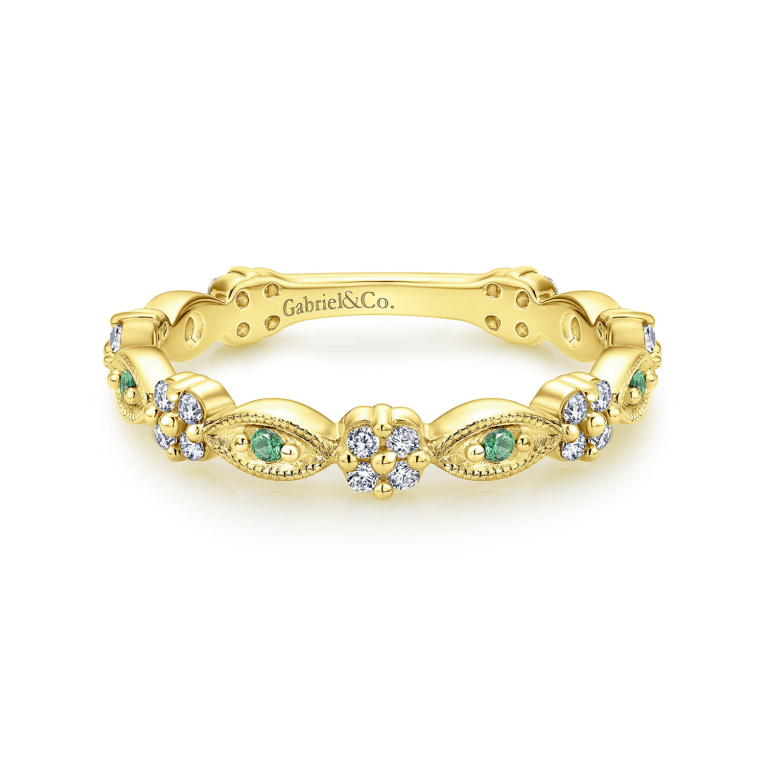 14K Yellow Gold Alternating Emerald and Diamond Station Stackable Ring