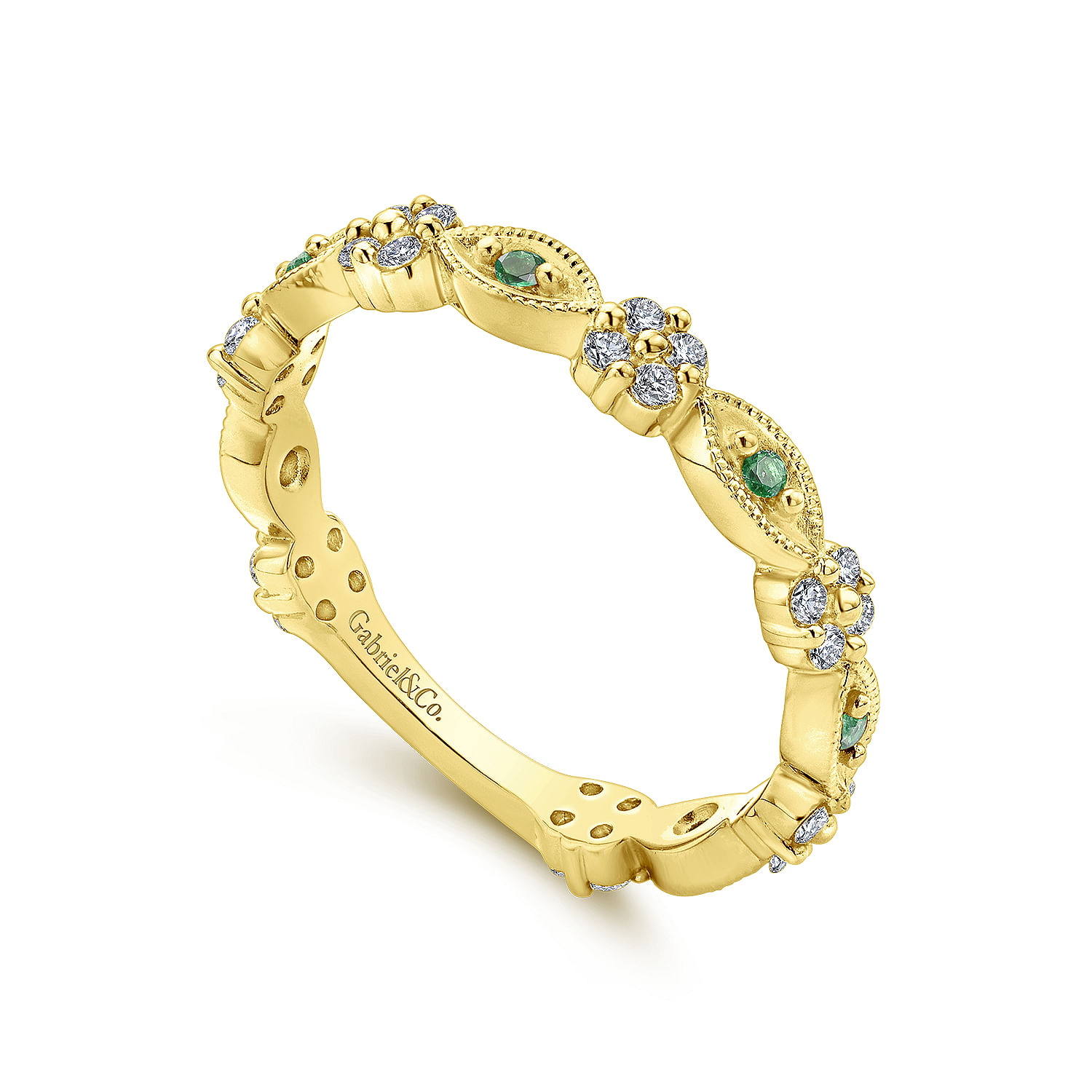 14K Yellow Gold Alternating Emerald and Diamond Station Stackable Ring