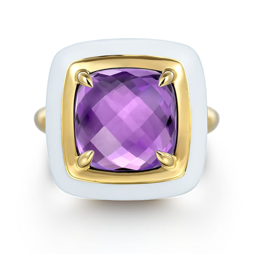 14K Yellow Gold Amethyst Cocktail Ring with White Enamel