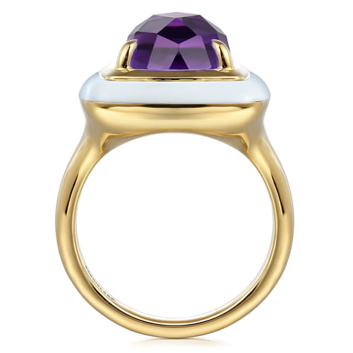 14K Yellow Gold Amethyst Cocktail Ring with White Enamel