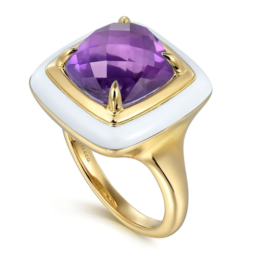 14K Yellow Gold Amethyst Cocktail Ring with White Enamel