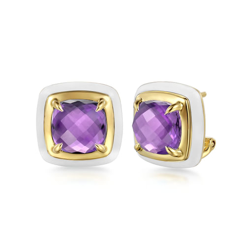 14K Yellow Gold Amethyst Earrings with White Enamel