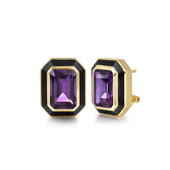 Gabriel - 14K Yellow Gold Amethyst Emerald Cut Earrings With Flower Pattern J-Back and Black Enamel