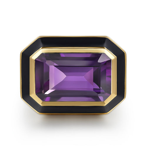 14K Yellow Gold Amethyst Emerald Cut Ladies Ring With Flower Pattern J-Back and Black Enamel