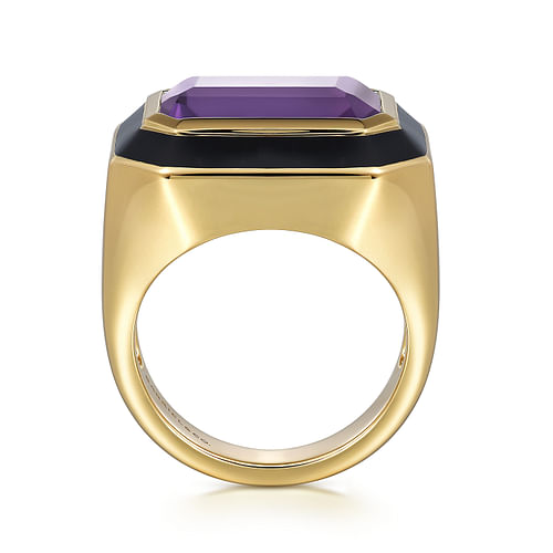 14K Yellow Gold Amethyst Emerald Cut Ladies Ring With Flower Pattern J-Back and Black Enamel