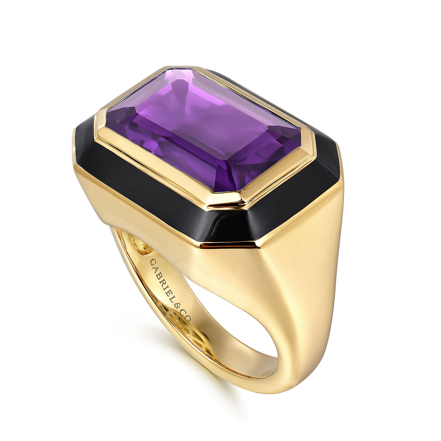 14K Yellow Gold Amethyst Emerald Cut Ladies Ring With Flower Pattern J-Back and Black Enamel