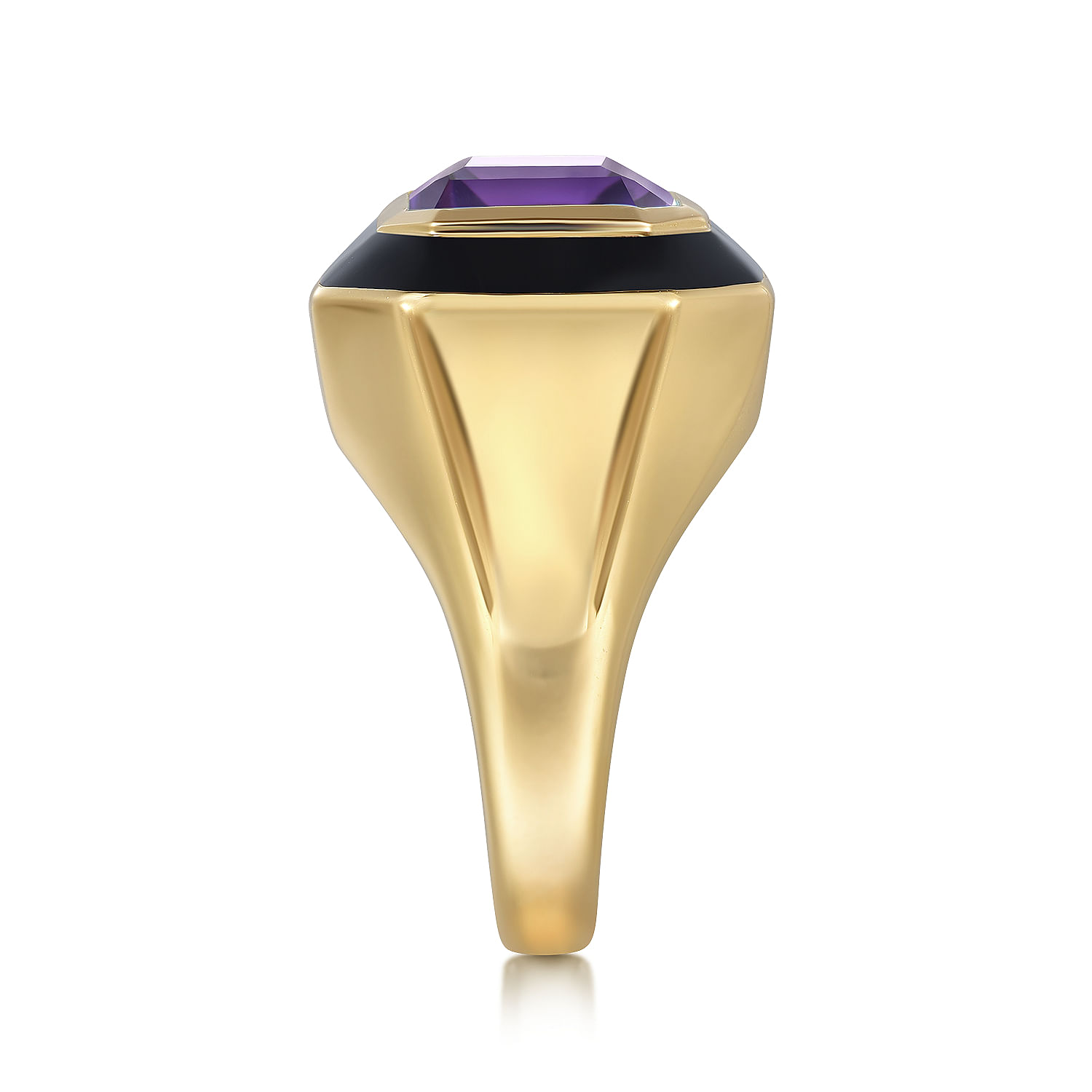 14K Yellow Gold Amethyst Emerald Cut Ladies Ring With Flower Pattern J-Back and Black Enamel