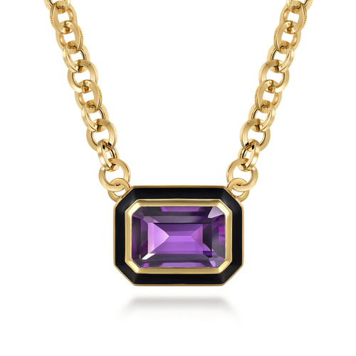 14K Yellow Gold Amethyst Necklace With Flower Pattern J-Back and Black Enamel