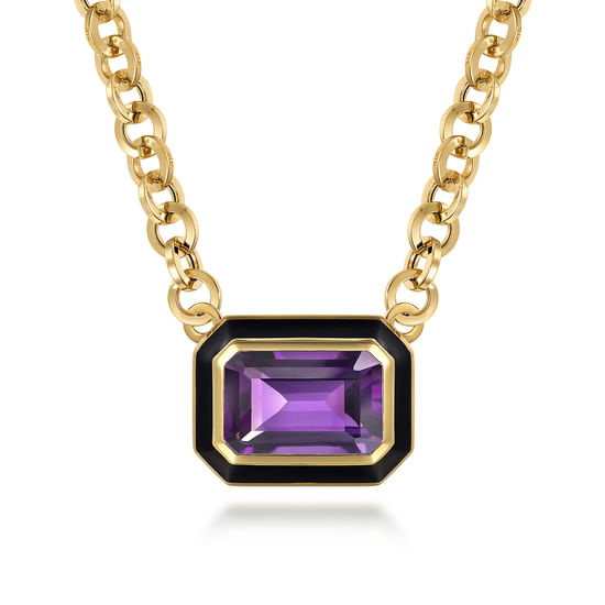 Gabriel - 14K Yellow Gold Amethyst Necklace With Flower Pattern J-Back and Black Enamel