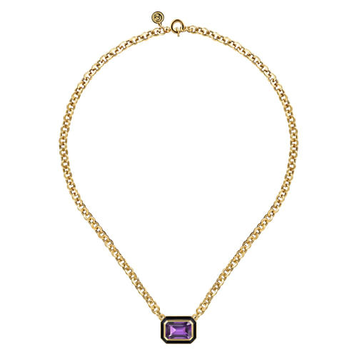14K Yellow Gold Amethyst Necklace With Flower Pattern J-Back and Black Enamel