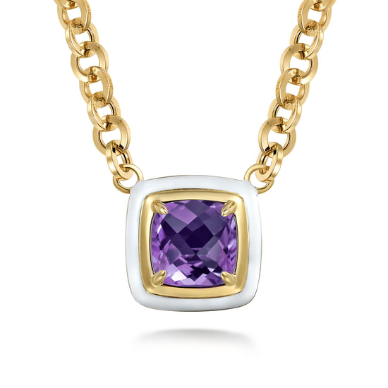 Gabriel - 14K Yellow Gold Amethyst Necklace With Flower Pattern J-Back and White Enamel