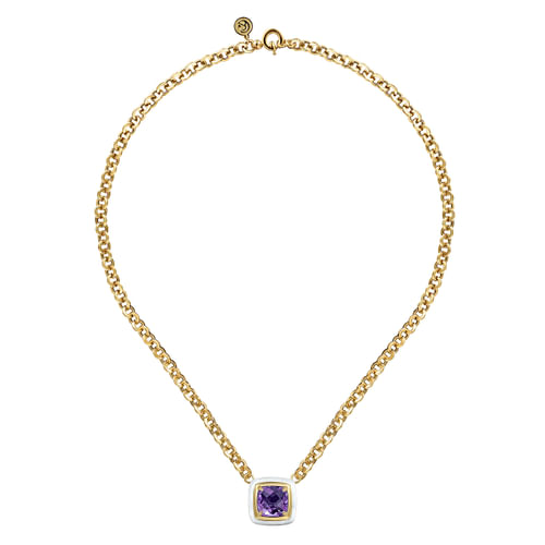 14K Yellow Gold Amethyst Necklace With Flower Pattern J-Back and White Enamel
