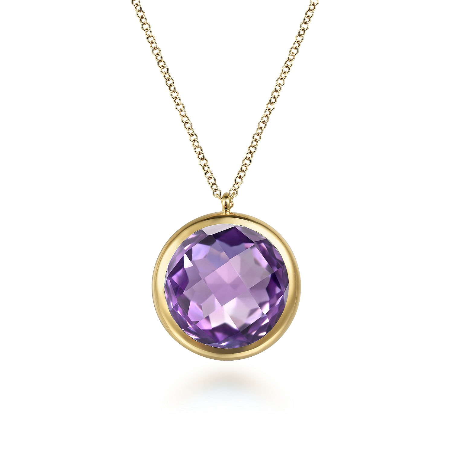 14K Yellow Gold Amethyst Round Shape Necklace With Flower Pattern J-Back