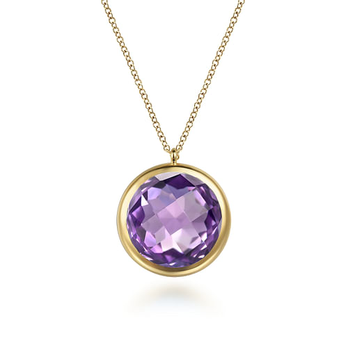 14K Yellow Gold Amethyst Round Shape Necklace With Flower Pattern J-Back