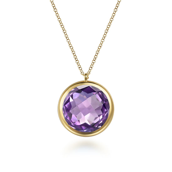 Gabriel - 14K Yellow Gold Amethyst Round Shape Necklace With Flower Pattern J-Back