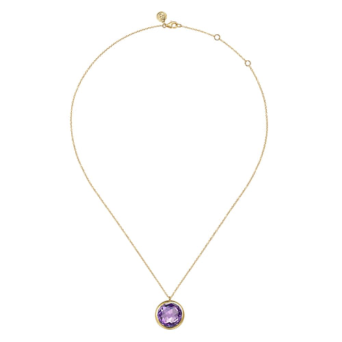 14K Yellow Gold Amethyst Round Shape Necklace With Flower Pattern J-Back