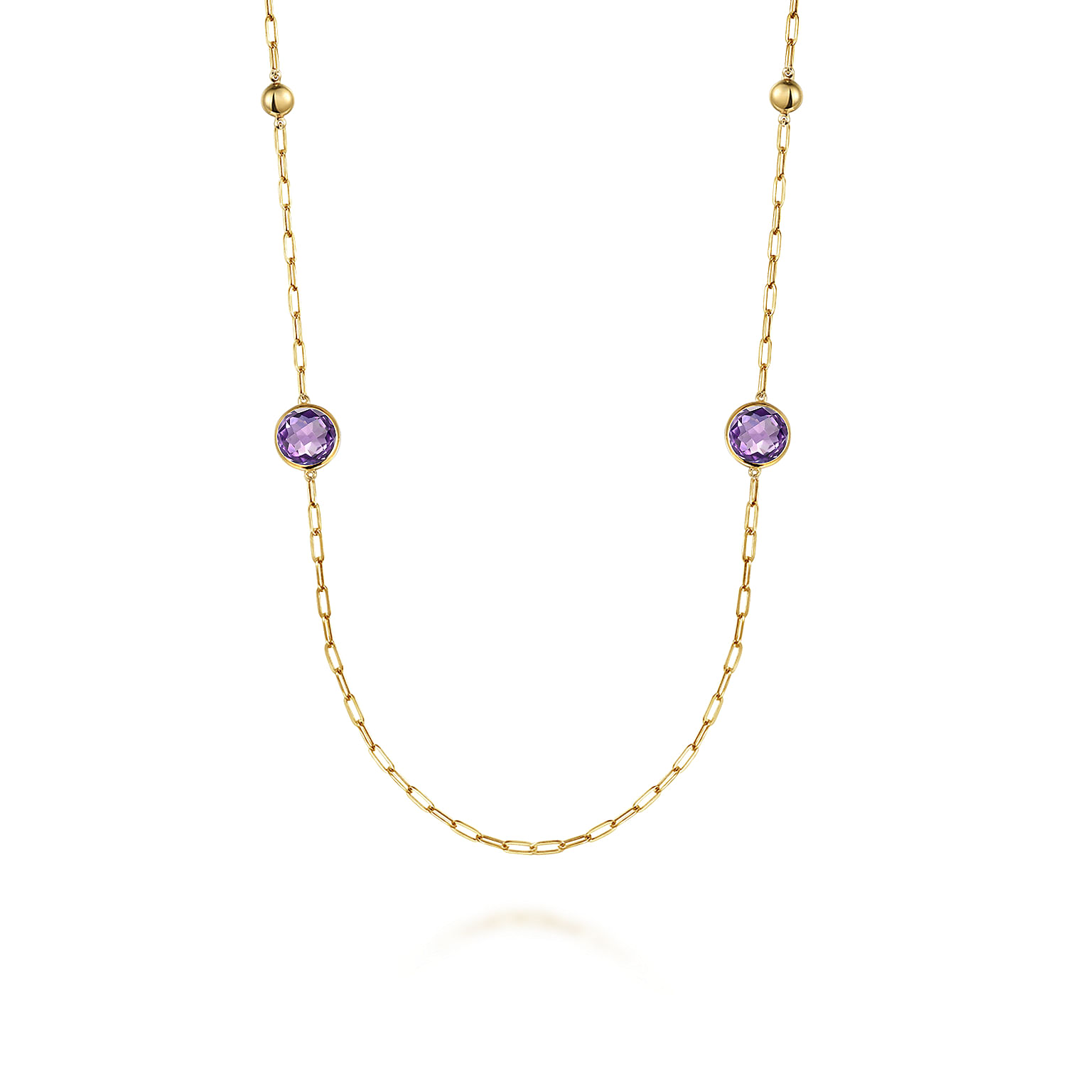 Gabriel - 14K Yellow Gold Amethyst Round Shape Necklace With Four Stations ,Beads and Bezel Setting