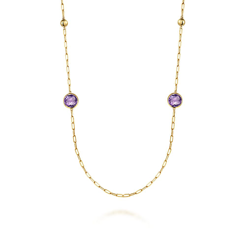 14K Yellow Gold Amethyst Round Shape Necklace With Four Stations ,Beads and Bezel Setting