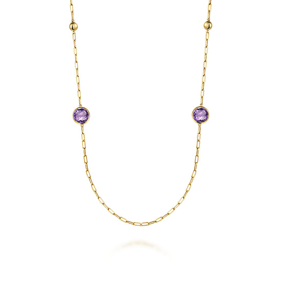 Gabriel - 14K Yellow Gold Amethyst Round Shape Necklace With Four Stations ,Beads and Bezel Setting